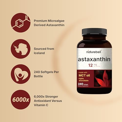 NatureBell Maximum Strength Astaxanthin 12mg  240 Softgels   4 Month Supply   Natural Antioxidant from Haematococcus Pluvialis Microalgae   Non GMO  Gluten Free