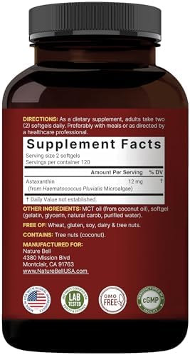 NatureBell Maximum Strength Astaxanthin 12mg  240 Softgels   4 Month Supply   Natural Antioxidant from Haematococcus Pluvialis Microalgae   Non GMO  Gluten Free