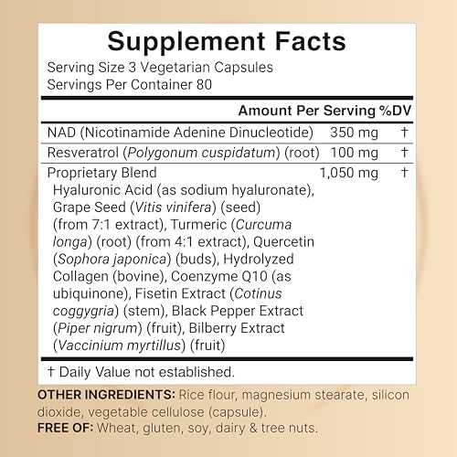 NatureBell NAD  11 in 1 Complex 1 500 mg   Per Serving  240 Veggie Capsules   NMN Supplement Alternative   NAD with Resveratrol  CoQ10  Hyaluronic Acid  Fisetin  & More   Non GMO