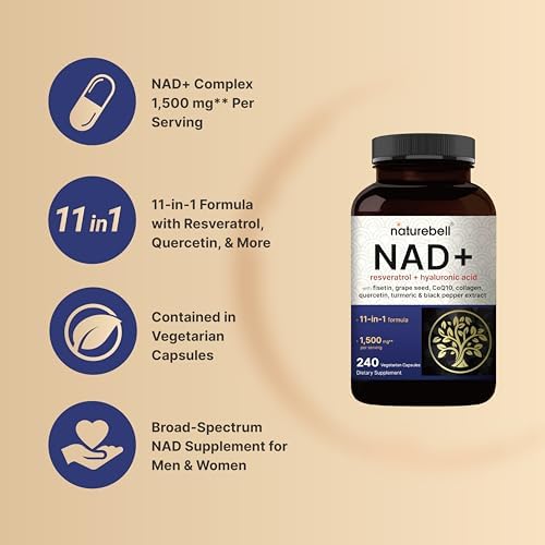 NatureBell NAD  11 in 1 Complex 1 500 mg   Per Serving  240 Veggie Capsules   NMN Supplement Alternative   NAD with Resveratrol  CoQ10  Hyaluronic Acid  Fisetin  & More   Non GMO