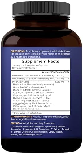 NatureBell NAD  11 in 1 Complex 1 500 mg   Per Serving  240 Veggie Capsules   NMN Supplement Alternative   NAD with Resveratrol  CoQ10  Hyaluronic Acid  Fisetin  & More   Non GMO