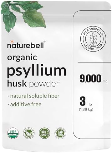 NatureBell Psyllium Husk Fiber Supplement  9g Per Serving  3lb  48oz  Powder   Organic Soluble Fiber for Digestive & Gut Health   Plant Based  Unflavored  Non GMO  Gluten Free 