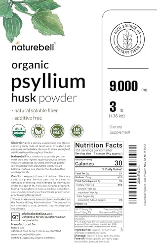 NatureBell Psyllium Husk Fiber Supplement  9g Per Serving  3lb  48oz  Powder   Organic Soluble Fiber for Digestive & Gut Health   Plant Based  Unflavored  Non GMO  Gluten Free 