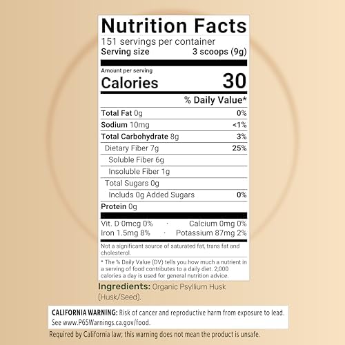 NatureBell Psyllium Husk Fiber Supplement  9g Per Serving  3lb  48oz  Powder   Organic Soluble Fiber for Digestive & Gut Health   Plant Based  Unflavored  Non GMO  Gluten Free 