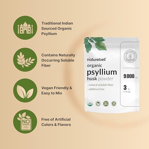 NatureBell Psyllium Husk Fiber Supplement  9g Per Serving  3lb  48oz  Powder   Organic Soluble Fiber for Digestive & Gut Health   Plant Based  Unflavored  Non GMO  Gluten Free 