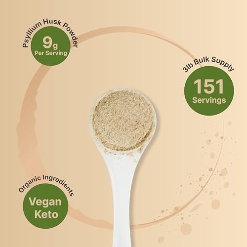 NatureBell Psyllium Husk Fiber Supplement  9g Per Serving  3lb  48oz  Powder   Organic Soluble Fiber for Digestive & Gut Health   Plant Based  Unflavored  Non GMO  Gluten Free 