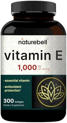 NatureBell Vitamin E 1 000 IU Per Serving   300 Softgels   Antioxidant Supplement for Skin  Heart & Brain Health Support   High Bioavailability    Gluten Free & Non GMO