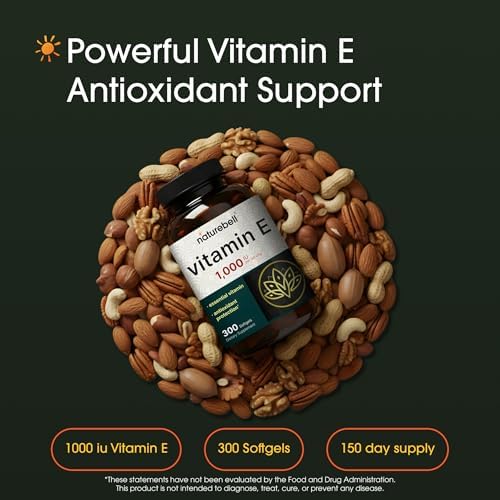NatureBell Vitamin E 1 000 IU Per Serving   300 Softgels   Antioxidant Supplement for Skin  Heart & Brain Health Support   High Bioavailability    Gluten Free & Non GMO