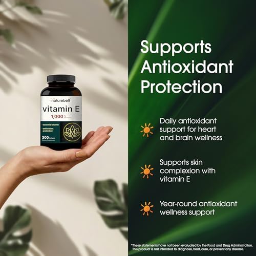 NatureBell Vitamin E 1 000 IU Per Serving   300 Softgels   Antioxidant Supplement for Skin  Heart & Brain Health Support   High Bioavailability    Gluten Free & Non GMO
