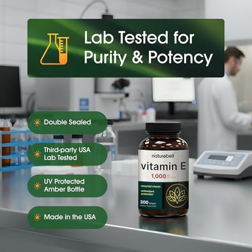 NatureBell Vitamin E 1 000 IU Per Serving   300 Softgels   Antioxidant Supplement for Skin  Heart & Brain Health Support   High Bioavailability    Gluten Free & Non GMO