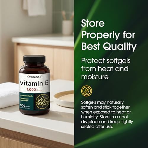 NatureBell Vitamin E 1 000 IU Per Serving   300 Softgels   Antioxidant Supplement for Skin  Heart & Brain Health Support   High Bioavailability    Gluten Free & Non GMO