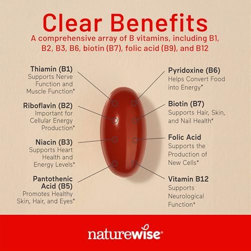 NatureWise Complejo de vitamina B para mujeres y hombres – con ácido fólico biotina B1 B2 B3 B6 B12 – Apoya la energía celular y la claridad mental – Sin gluten ni lácteos, sin OMG – 150 cápsulas blandas [suministro para 5 meses]