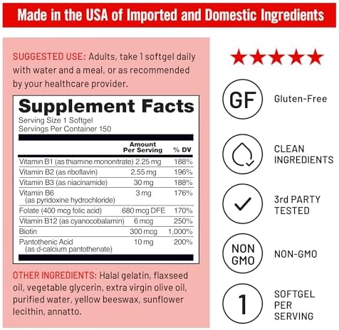 NatureWise Complejo de vitamina B para mujeres y hombres – con ácido fólico biotina B1 B2 B3 B6 B12 – Apoya la energía celular y la claridad mental – Sin gluten ni lácteos, sin OMG – 150 cápsulas blandas [suministro para 5 meses]