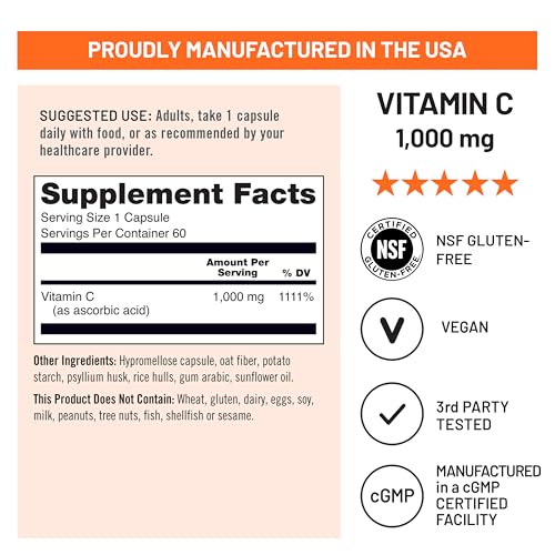 NatureWise Vitamin C 1000mg Capsules   Extra Strength Vegan Vitamin C for Daily Antioxidant & Immune Support   Non GMO  USA Manufactured   60 Capsules 60 Day Supply 