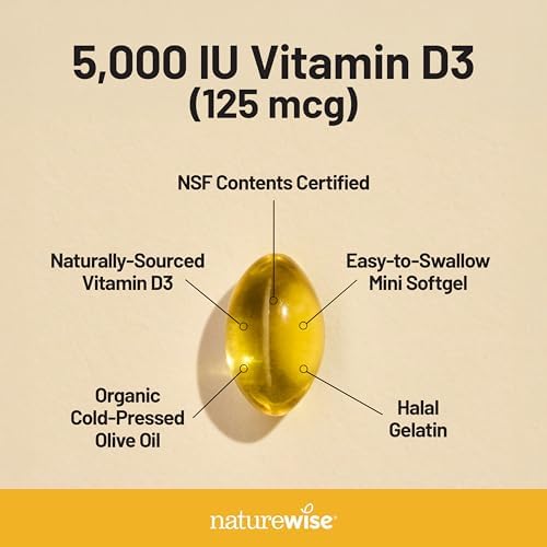 NatureWise Vitamina D3 5000iu (125 mcg) Suministro de 1 año para el apoyo inmunológico, función muscular saludable y salud ósea - Sin GMO, libre de gluten en aceite de oliva virgen extra orgánico