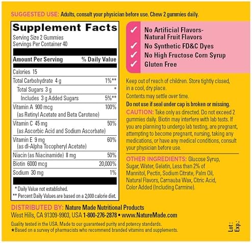Nature Made Advanced Hair Skin and Nails Gummies  Biotin  Pro Retinol A  Niacinamide  Vitamin C & Vitamin E  80 Gummies  40 Day Supply