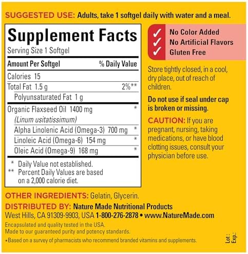 Nature Made Extra Strength Flaxseed Oil 1400 mg  Fish Free Omega 3 Supplement  Dietary Supplement for Heart Health Support  100 Softgels  100 Day Supply