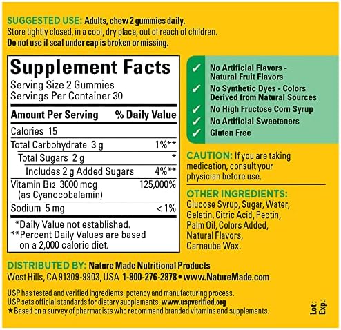 Nature Made Extra Strength Vitamin B12 Gummies 3000 mcg per serving  B12 Vitamins for Energy Metabolism Support  60 Gummy Vitamins  30 Day Supply