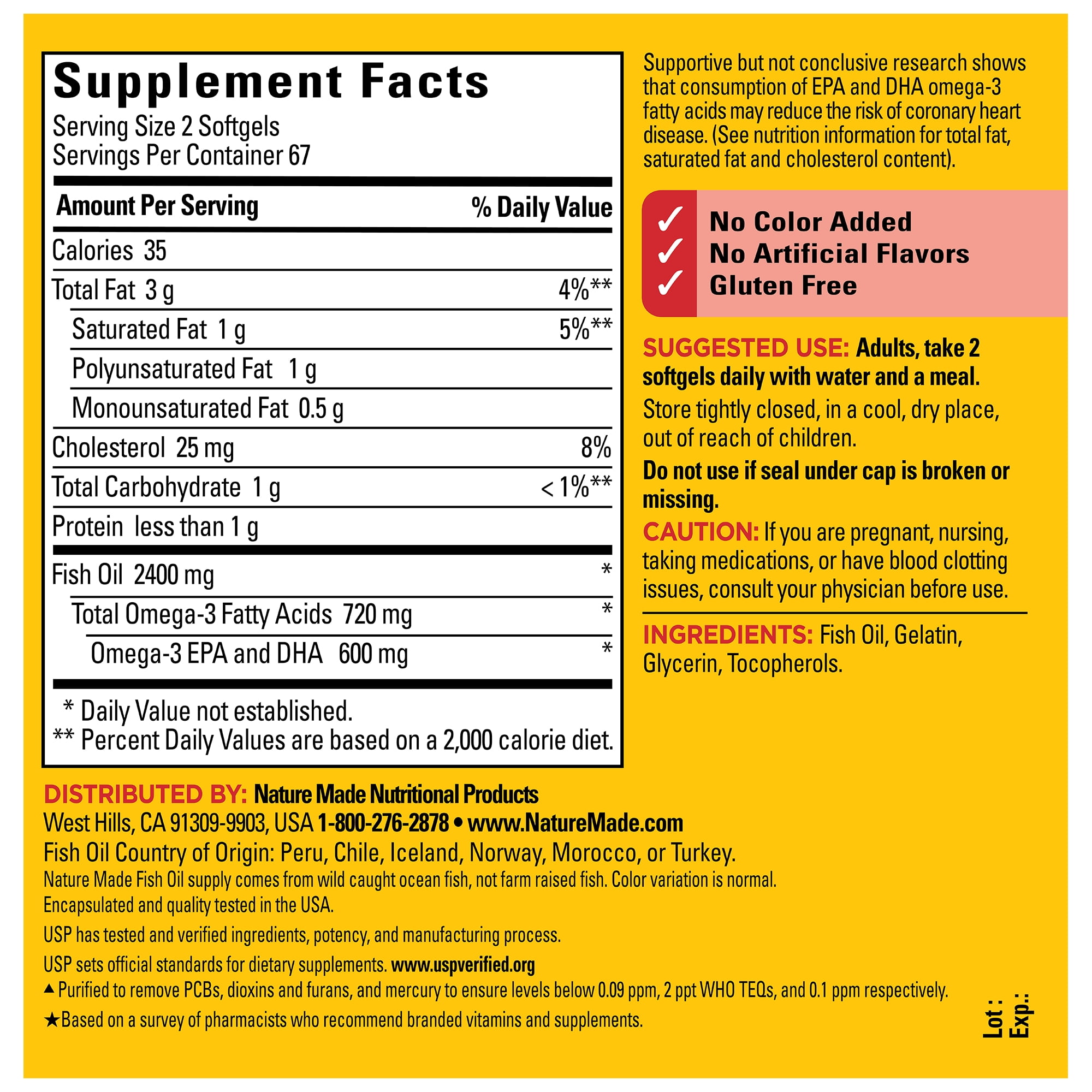 Nature Made Aceite de Pescado 2400 Mg por Porción en Cápsulas Blandas, Suplementos de Aceite de Pescado Omega 3, 134 Unidades