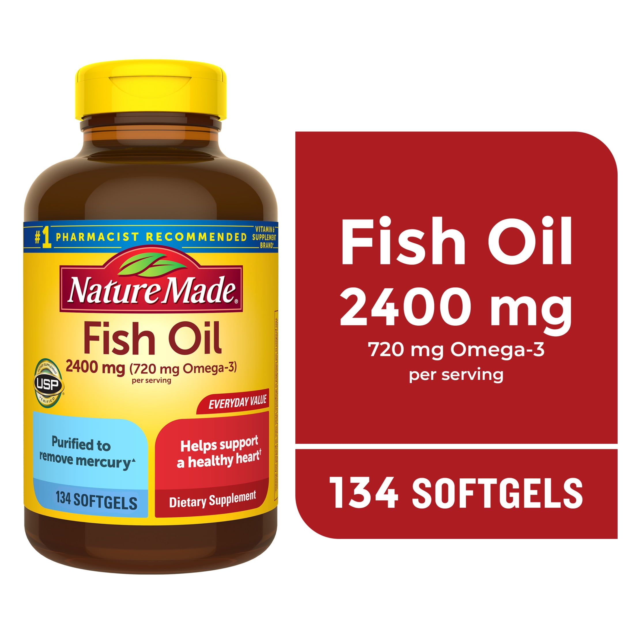 Nature Made Fish Oil 2400mg per Serving Softgels  Omega 3 Fish Oil Supplements  134 Count