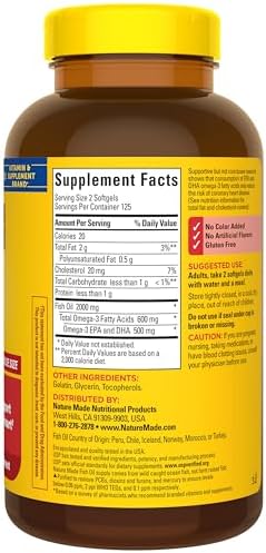 Nature Made Fish Oil Omega 3 Supplements  1000mg Softgels  Omega 3 Fish Oil for Healthy Heart Support  250 Softgels  125 Day Supply