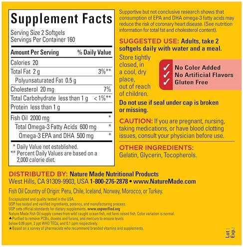 Nature Made Fish Oil Omega 3 Supplements  1000mg Softgels  Omega 3 Fish Oil for Healthy Heart Support  320 Softgels  160 Day Supply