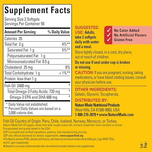 Nature Made Fish Oil Omega 3 Supplements  1200mg Softgels  Omega 3 Fish Oil for Healthy Heart Support  100 Softgels  50 Day Supply