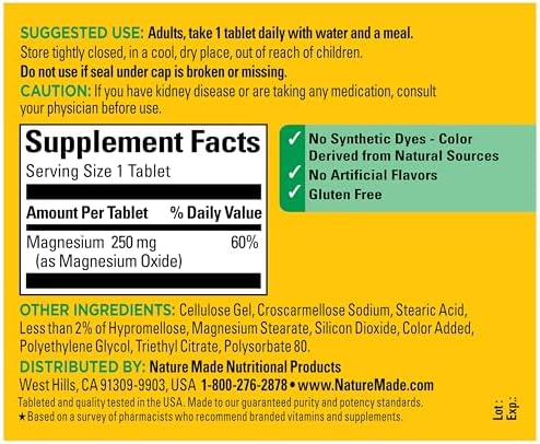 Nature Made Magnesium Oxide 250 mg  Magnesium Supplements for Men and Women  Support for Muscle  Heart  Bone and Nerve Health  200 Tablets  200 Day Supply