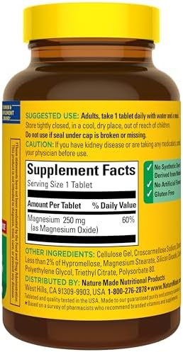 Nature Made Magnesium Oxide 250 mg  Magnesium Supplements for Men and Women  Support for Muscle  Heart  Bone and Nerve Health  200 Tablets  200 Day Supply