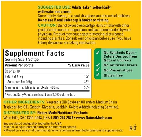 Nature Made Magnesium Oxide 400 mg Softgels  Extra Strength Magnesium Supplements for Men and Women  Support for Muscle  Nerve  Bone and Heart  110 Day Supply