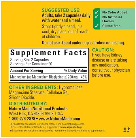 Nature Made Magnesium Glycinate 200 mg per serving  Magnesium Supplement for Muscle  Heart  Nerve and Bone Support  180 Magnesium Bisglycinate Capsules  90 Day Supply
