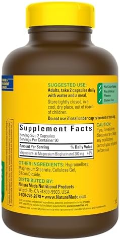 Nature Made Magnesium Glycinate 200 mg per serving  Magnesium Supplement for Muscle  Heart  Nerve and Bone Support  180 Magnesium Bisglycinate Capsules  90 Day Supply