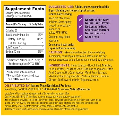 Nature Made Probiotic   Prebiotic Fiber Gummies for Daily Gut Health  Fiber Supplement with Probiotics for Digestive Health Support  50 Gummies  25 Day Supply