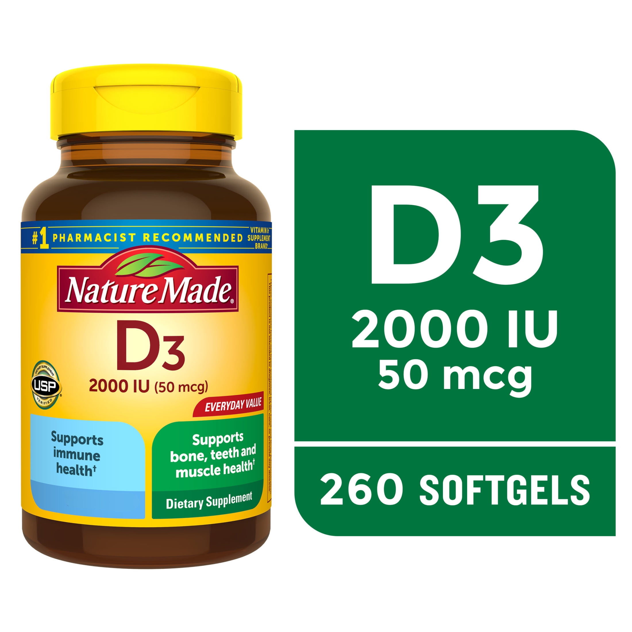 Nature Made Vitamin D3 2000 IU  50 mcg  Softgels  Dietary Supplement for Bone and Immune Health Support  260 Count