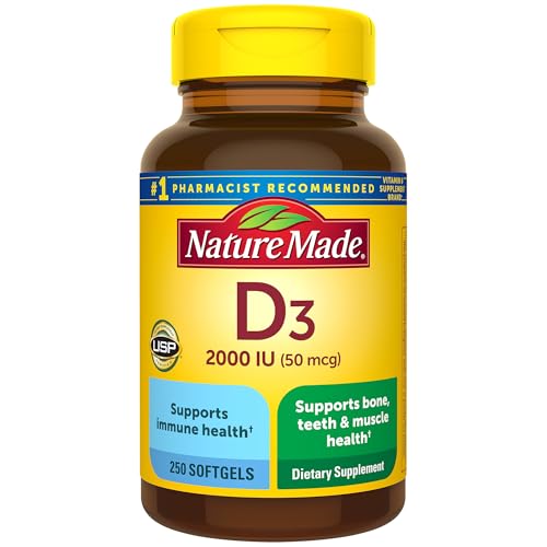 Nature Made Vitamin D3 2000 IU  50 mcg   Vitamin D Supplement for Bone  Teeth  Muscle and Immune Health Support  250 Softgels  250 Day Supply