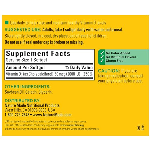 Nature Made Vitamin D3 2000 IU  50 mcg   Vitamin D Supplement for Bone  Teeth  Muscle and Immune Health Support  250 Softgels  250 Day Supply