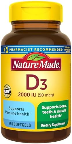 Nature Made Vitamin D3 2000 IU  50 mcg   Vitamin D Supplement for Bone  Teeth  Muscle and Immune Health Support  250 Softgels  250 Day Supply