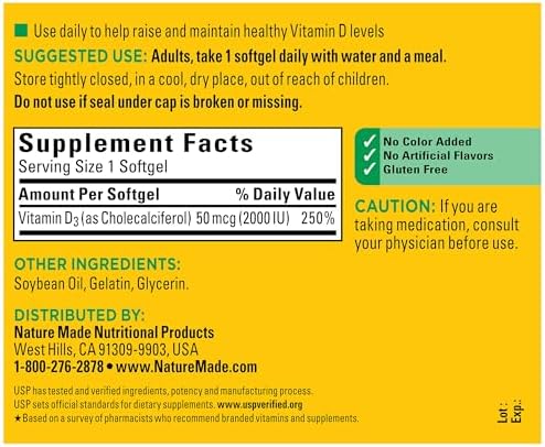 Nature Made Vitamin D3 2000 IU  50 mcg   Vitamin D Supplement for Bone  Teeth  Muscle and Immune Health Support  250 Softgels  250 Day Supply