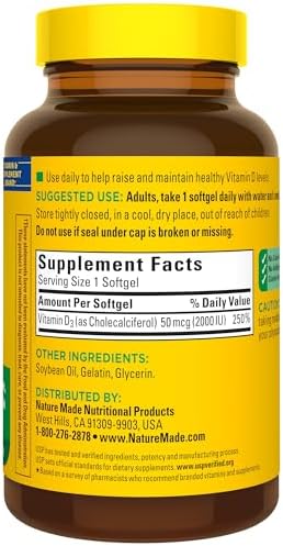 Nature Made Vitamin D3 2000 IU  50 mcg   Vitamin D Supplement for Bone  Teeth  Muscle and Immune Health Support  250 Softgels  250 Day Supply