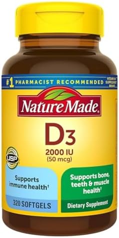 Nature Made Vitamin D3 2000 IU  50 mcg   Vitamin D Supplement for Bone  Teeth  Muscle and Immune Health Support  250 Softgels  250 Day Supply