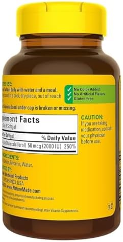 Nature Made Vitamin D3 2000 IU  50 mcg   Vitamin D Supplement for Bone  Teeth  Muscle and Immune Health Support  250 Softgels  250 Day Supply