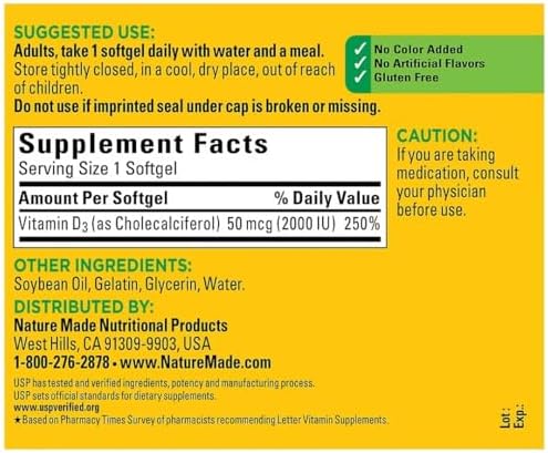 Nature Made Vitamin D3 2000 IU  50 mcg   Vitamin D Supplement for Bone  Teeth  Muscle and Immune Health Support  250 Softgels  250 Day Supply