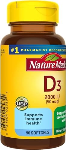 Nature Made Vitamin D3 2000 IU  50 mcg   Vitamin D Supplement for Bone  Teeth  Muscle and Immune Health Support  250 Softgels  250 Day Supply