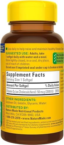 Nature Made Vitamin D3 2000 IU  50 mcg   Vitamin D Supplement for Bone  Teeth  Muscle and Immune Health Support  250 Softgels  250 Day Supply