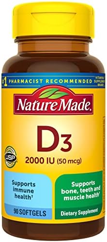 Nature Made Vitamin D3 2000 IU  50 mcg   Vitamin D Supplement for Bone  Teeth  Muscle and Immune Health Support  250 Softgels  250 Day Supply
