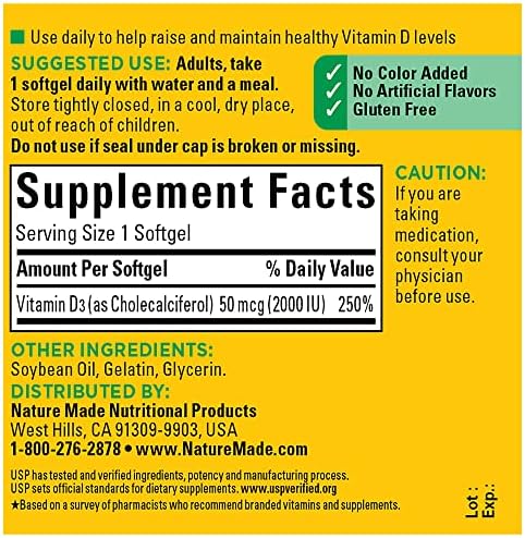 Nature Made Vitamin D3 2000 IU  50 mcg   Vitamin D Supplement for Bone  Teeth  Muscle and Immune Health Support  250 Softgels  250 Day Supply