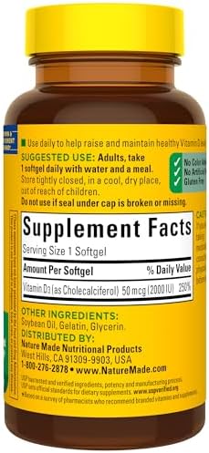 Nature Made Vitamin D3 2000 IU  50 mcg   Vitamin D Supplement for Bone  Teeth  Muscle and Immune Health Support  250 Softgels  250 Day Supply