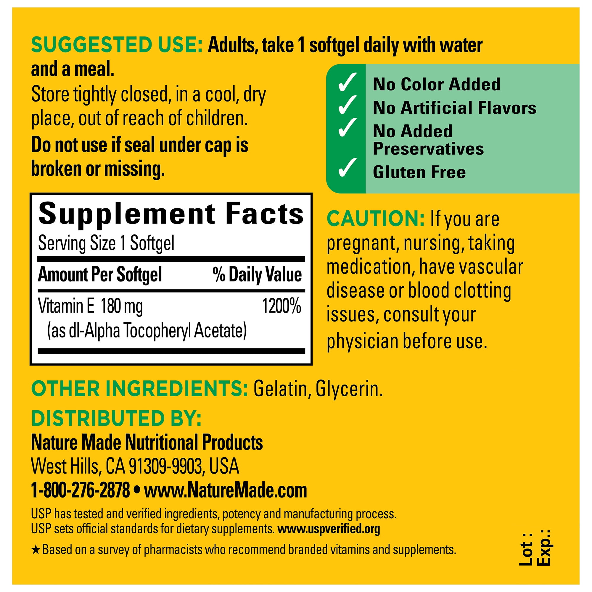 Nature Made Vitamina E 180 mg (400 IU) dl-Alpha Cápsulas Blandas, Suplemento Dietético, 120 Unidades
