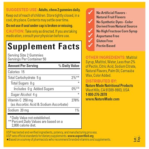 Nature Made Zero Sugar Vitamin C Gummies 250 mg per Serving  Immune & Antioxidant Support  Aspartame Free  100 Sugar Free Gummies  50 Day Supply