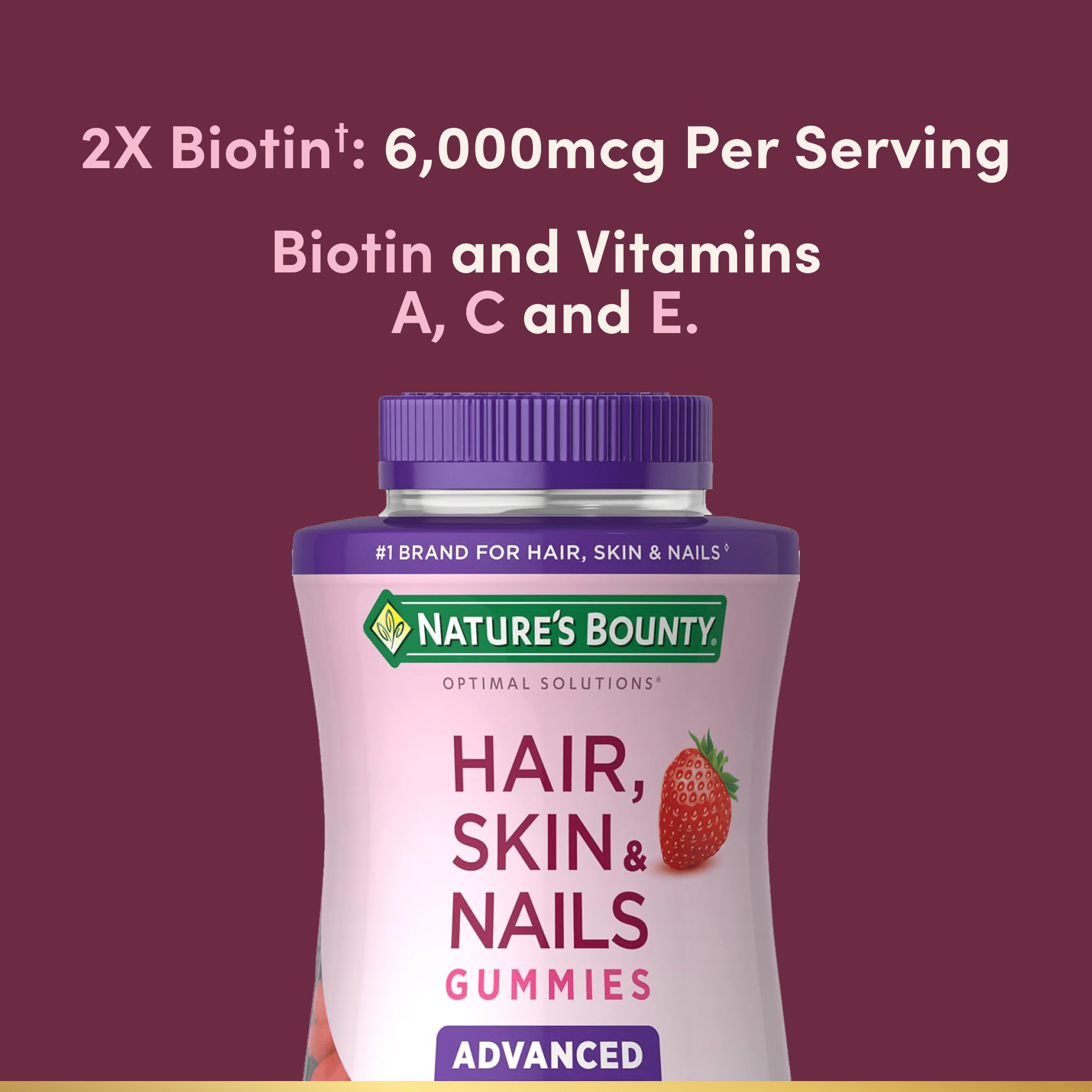 Nature'Nature' Vitamina Avanzada para Cabello, Piel y Uñas, Multivitamínico para Mujeres, Biotina 2x, Gomitas de Fresa, 180 Unidades